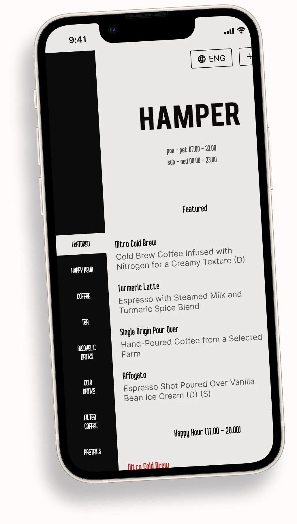 The Hamper demo menu on a phone